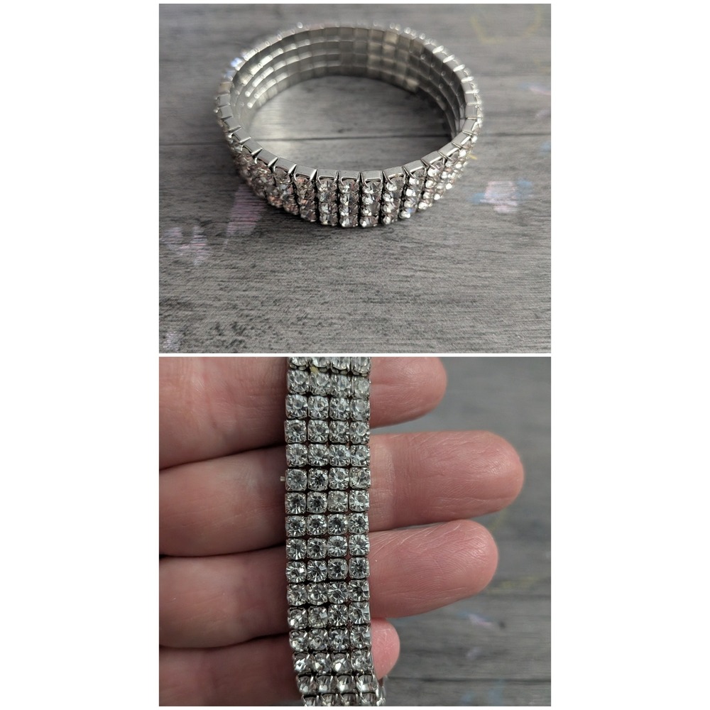 Vintage Style 4 Row Rhinestone Stretch Bracelet Silver Tone Bridal Prom Cuff